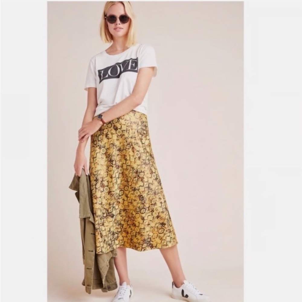 Anthropologie Current Air Harmony Gold Floral Snake Print Midi Skirt